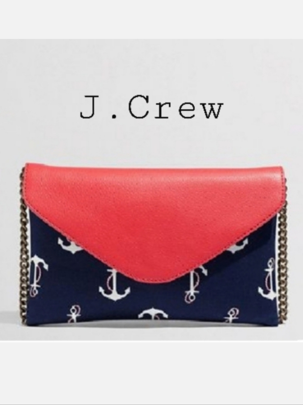J.Crew Envelope Bag Red Leather/Navy Fabric Anchors Away Print Chain Strap